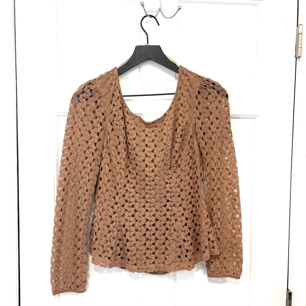 Altar'd State Crochet Top Brown Bow Back Romantic Boho Coquette Peasant Feminine